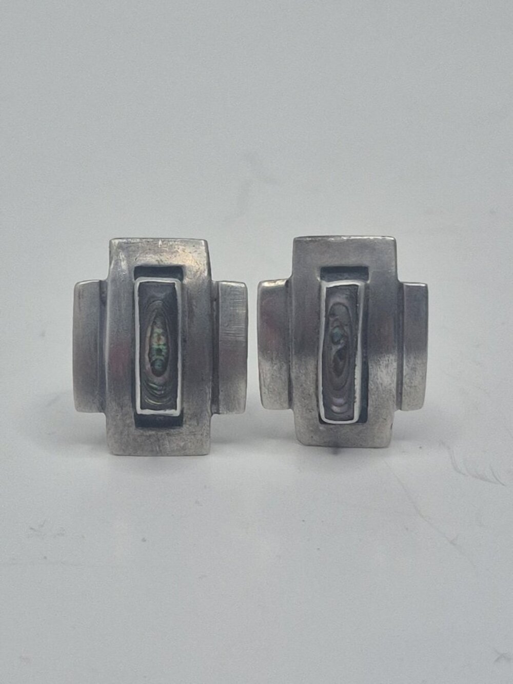 Vtg Taxco Sterling Silver With Abalone Inlay Screw Back Earrings 7.2g